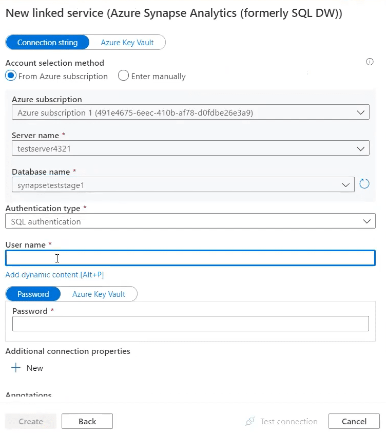 MySQL to Azure - Azure Synapse Credentials